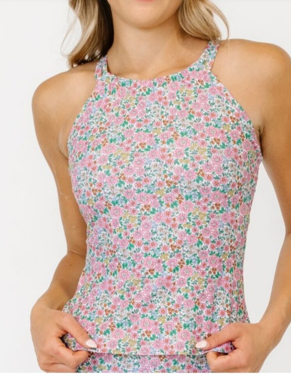 Lime Ricki Whimsy Floral Double-Cinch Tankini Top Pink Floral Swim Large NWT